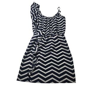 Envy Me Summer Womens Dress Small Navy Blue White Chevron One Shoulder Ruffle